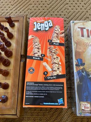MULTI-WOODEN GAME BOARD- CHESS, CHECKERS, BACKGAMMON ALSO A TICKET TO RIDE AND JENGA