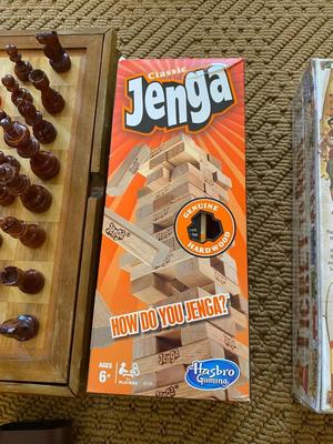 MULTI-WOODEN GAME BOARD- CHESS, CHECKERS, BACKGAMMON ALSO A TICKET TO RIDE AND JENGA