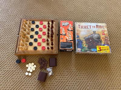 MULTI-WOODEN GAME BOARD- CHESS, CHECKERS, BACKGAMMON ALSO A TICKET TO RIDE AND JENGA
