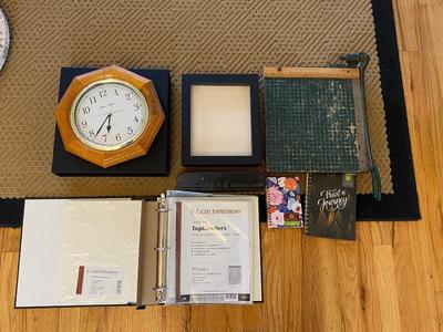 HEAVY PAPER CUTTER, 3-HOLE PUNCH, NOTEBOOKS, WALL CLOCK, SHADOW BOX AND MORE