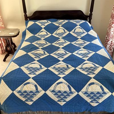 UBR1240 Antique Handmade Blue and White Basket Quilt