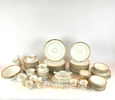 Sale Photo Thumbnail #469: 11 dinner plates, 12 salad plates, 6 small dessert bowls , 6 regular bowls, 11 saucers, 11 edged saucers, 12 small dessert saucers, 6 footed sauce cups, 8 tea cups, 3 large serving bowls, 1 bouillon cup, 7 demitasse footed salts, 4 small sugar bowls , 12 