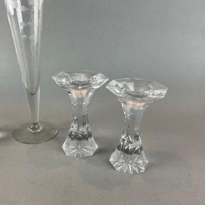 L1332 Crystal Tiffany & Co Bowl with Cut Crystal Vase and Candlesticks