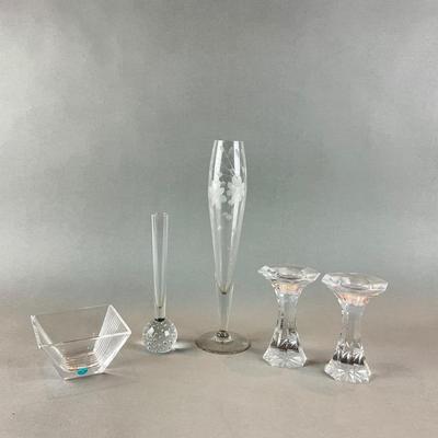 L1332 Crystal Tiffany & Co Bowl with Cut Crystal Vase and Candlesticks