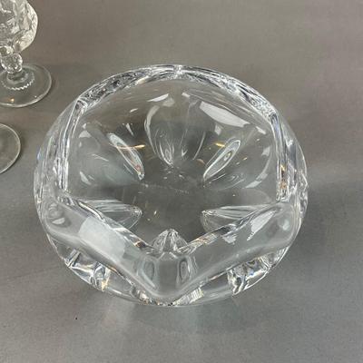 L1334 Lot of Two Orrefors Decanters & Bowl with Vintage Glass Cordials