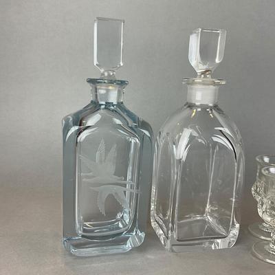 L1334 Lot of Two Orrefors Decanters & Bowl with Vintage Glass Cordials
