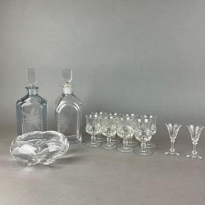 L1334 Lot of Two Orrefors Decanters & Bowl with Vintage Glass Cordials