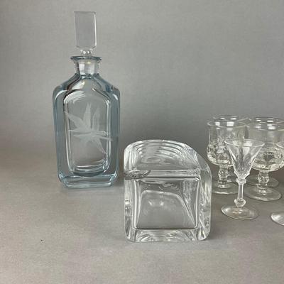 L1334 Lot of Two Orrefors Decanters & Bowl with Vintage Glass Cordials