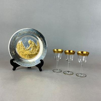L1335 Vintage John Hancock Sterling Silver / Gold Commemorative Plate with Cordials