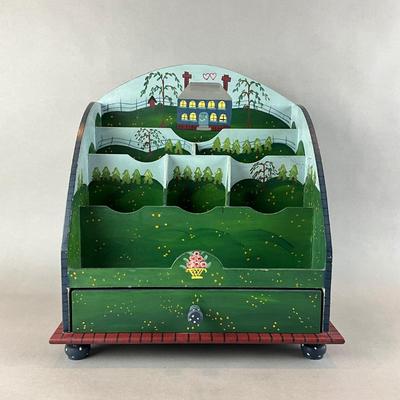 K1379 Primitive Folk Art Style Hand painted Desk Organizer