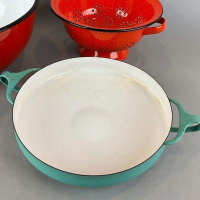 K1404 Vintage Enamel Dansk Kopenstyle Bowl and Cookware Lot
