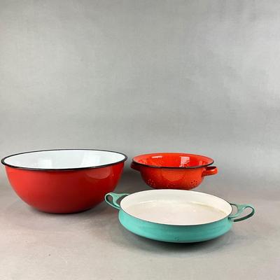 K1404 Vintage Enamel Dansk Kopenstyle Bowl and Cookware Lot