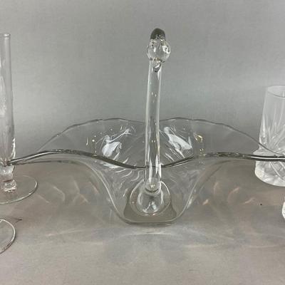 K1407 Vintage Glass Swan Dish With Highball and Champagne Glasses