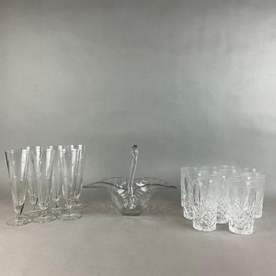 K1407 Vintage Glass Swan Dish With Highball and Champagne Glasses