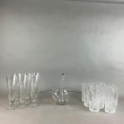 K1407 Vintage Glass Swan Dish With Highball and Champagne Glasses