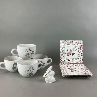 K1415 Set of Four Large Soup Mugs and Floral Luncheon Plates