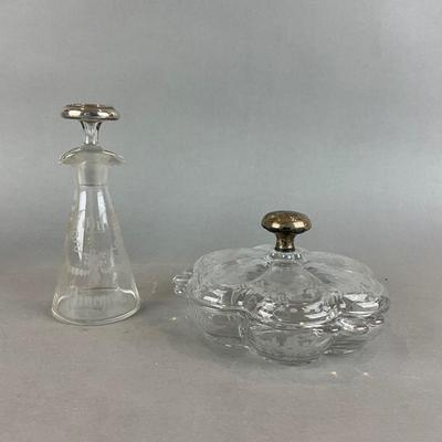 Sale Photo Thumbnail #960: Glass divided dish is 7" diameter x 4" high 
Cruet is 7.5" high and is etched with oil / vinegar