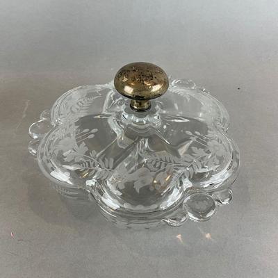 D1418 Antique Crystal Cruet with Divided Glass Etched Sterling Silver Handle Serving Pieces