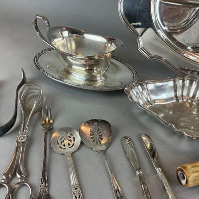D1420 Lot of Silver Plate Serving Pieces with Carving Set and Platter