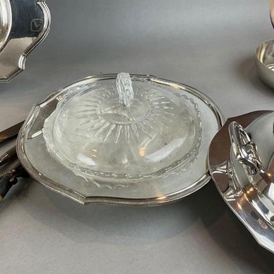 D1420 Lot of Silver Plate Serving Pieces with Carving Set and Platter