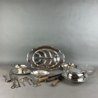 D1420 Lot of Silver Plate Serving Pieces with Carving Set and Platter