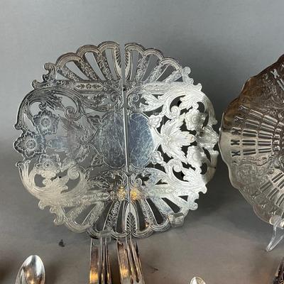 D1421 Large Lot of Silverplate Trivets , Flatware and Serving Pieces