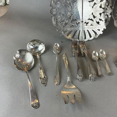 D1421 Large Lot of Silverplate Trivets , Flatware and Serving Pieces