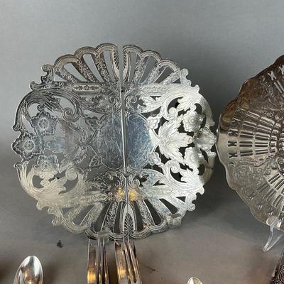 D1421 Large Lot of Silverplate Trivets , Flatware and Serving Pieces