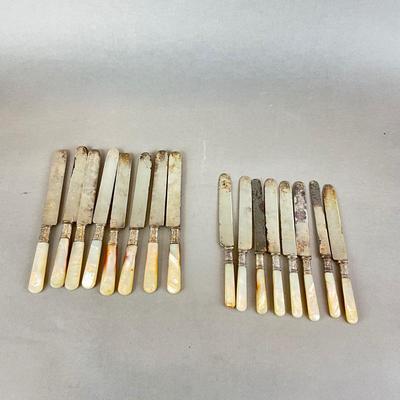D1422 Set of Antique Mother of Pearl with Sterling Band Knives