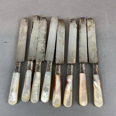 D1422 Set of Antique Mother of Pearl with Sterling Band Knives