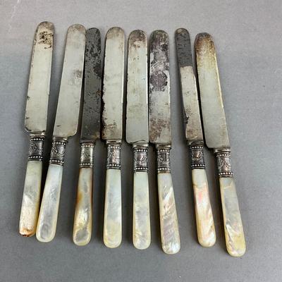 D1422 Set of Antique Mother of Pearl with Sterling Band Knives