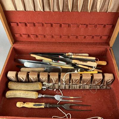 D1423 Lot of Antique Bone Handled Knives with Art Deco Box and Carving Tray and Knife Set