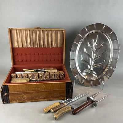 D1423 Lot of Antique Bone Handled Knives with Art Deco Box and Carving Tray and Knife Set