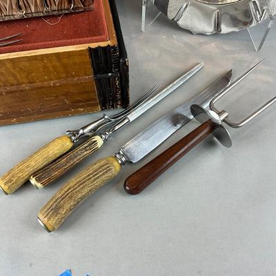 D1423 Lot of Antique Bone Handled Knives with Art Deco Box and Carving Tray and Knife Set