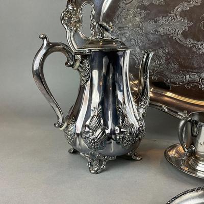 D1426 Large Silverplate Handled Tray with Coffee Pot and Victorian Mug