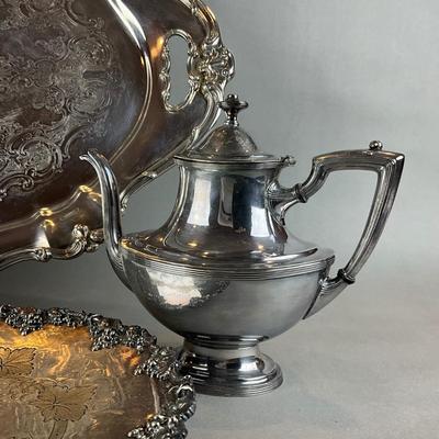 D1426 Large Silverplate Handled Tray with Coffee Pot and Victorian Mug