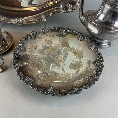 D1426 Large Silverplate Handled Tray with Coffee Pot and Victorian Mug