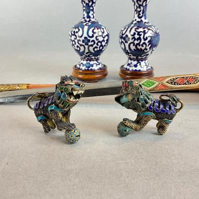 SR1427 Pair of Champlevé Miniature Foo Dogs and Cloisonné Mini Vases