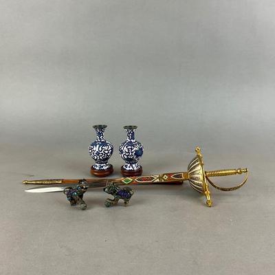 SR1427 Pair of Champlevé Miniature Foo Dogs and Cloisonné Mini Vases