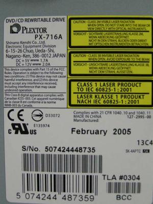 Plextor DVD/CD drive R/RW, mod# PX-716A. Came from a working PC