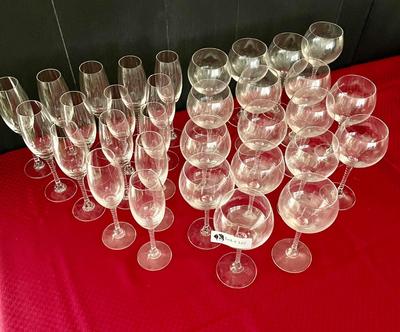 Lot of 32 Glasses - 15 Champagne Flutes and 17 Wine Glasses