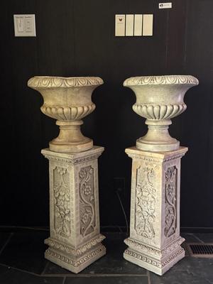 Vintage Concrete Planter with Pedestal - Set of 2 including 2 fake Fern Plants