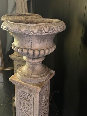 Vintage Concrete Planter with Pedestal - Set of 2 including 2 fake Fern Plants