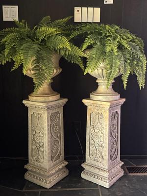 Vintage Concrete Planter with Pedestal - Set of 2 including 2 fake Fern Plants