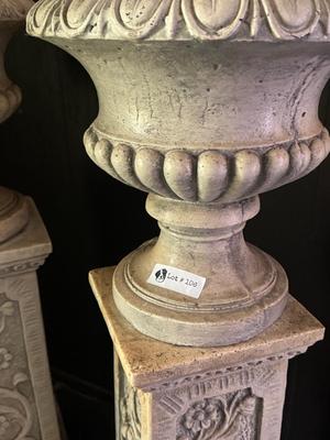 Vintage Concrete Planter with Pedestal - Set of 2 including 2 fake Fern Plants