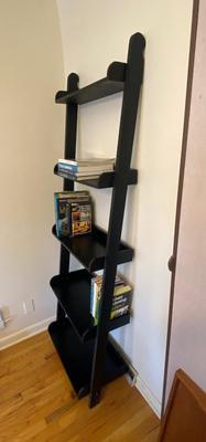 5 TIER LADDER SHELF WITH AN ASSORTMENT OF BOOKS