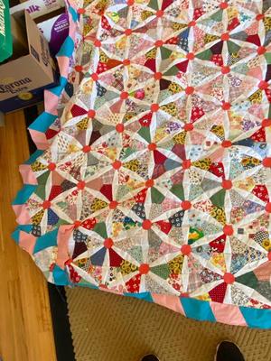 A LARGE PARTIALITY FINISHED HAND STITCHED QUILT AND START OF A DIFFERENT QUILT/PRECUT SQUARES AND MORE