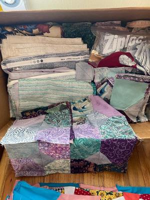 A LARGE PARTIALITY FINISHED HAND STITCHED QUILT AND START OF A DIFFERENT QUILT/PRECUT SQUARES AND MORE