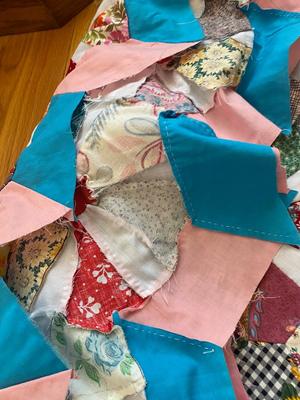 A LARGE PARTIALITY FINISHED HAND STITCHED QUILT AND START OF A DIFFERENT QUILT/PRECUT SQUARES AND MORE