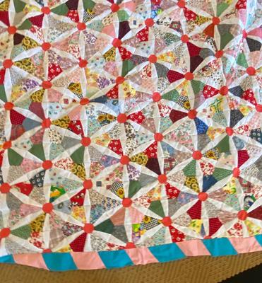 A LARGE PARTIALITY FINISHED HAND STITCHED QUILT AND START OF A DIFFERENT QUILT/PRECUT SQUARES AND MORE